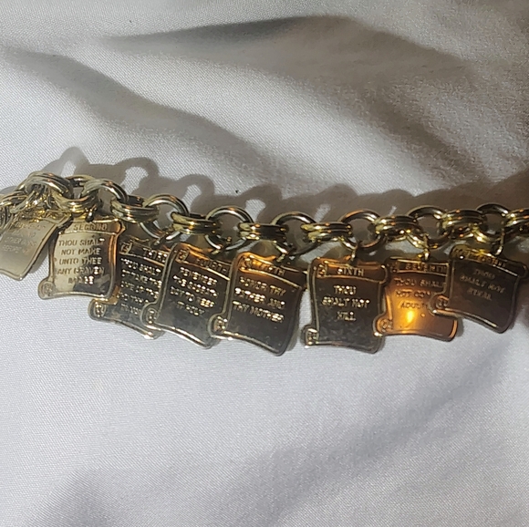 Hand Crafted Jewelry - Vintage Dangle Charm bracelet Gold Ten Commandments Bible Old Testament